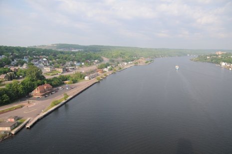 Looking west from the top of the Portage Lake Lift Bridge, as the Ranger III cruises to Isle Royale.