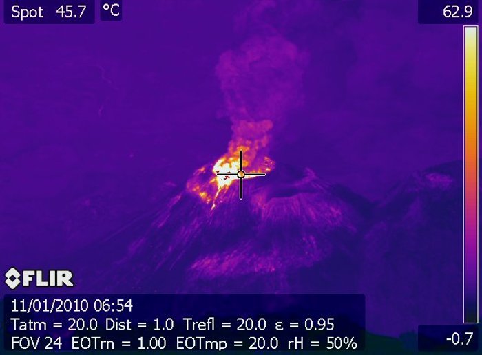 A FLIR camera image uses light intensity or color brightness to show levels of heat in the Santiaguito Volcano's crater in Guatemala.