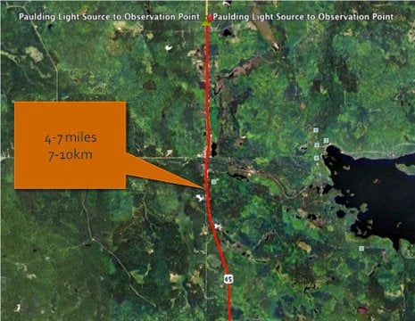 This Google Earth image shows the line of sight between the Paulding Light viewing area and US 45. USDA Farm Service Agency/Jeremy Bos image