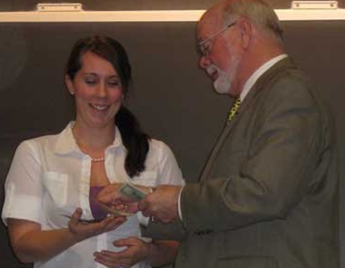 Winner of the 2010 Elevator Pitch Competition Jess Tompkins with Bob Mark.