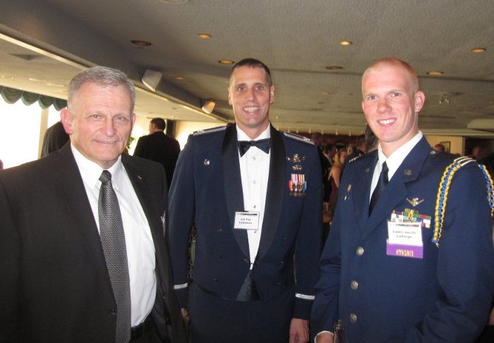 Jacob LaSarge, right, at the Air Force STEM Awards Banquet with Major Gen. Todd Stewart (ret.), a Michigan Tech alumnus and chancellor of Air Force Institute of Technology; and Col. Tim Lawrence, center, also of the Air Force Institute of Technology.