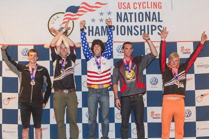 Paul Mayes at the 2012 USA Cycling Collegiate Mountain Bike Championships Division II downhill awards podium. Johnathan Devich, USA Cycling photo