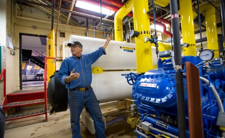 Mark Rodorigo, owner of the company that installed Tech's new ice-making system at the John J. MacInnes Ice Arena, describes the process of making ice while capturing and reusing waste heat.