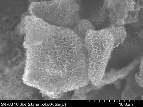 A field emission scanning electron microscopy (FESEM) image of 3D honeycomb-structured graphene. The novel material can replace platinum in dye-sensitized solar cells with virtually no loss of generating capacity. Hui Wang image
