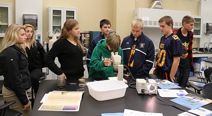 Water Festival High school students analyze water samples they collected while out on the Agassiz, Michigan Tech's research vessel.