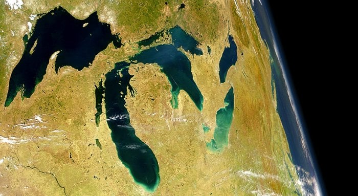 A satellite image of the Great Lakes.