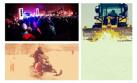 Collage of Winter Carnival concert, a snowmobile, and a snowplow.