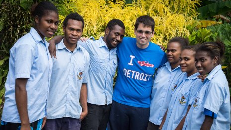 PCMI computer science graduate student Tim Ward with members of his host community on the island nation of Vanuatu.