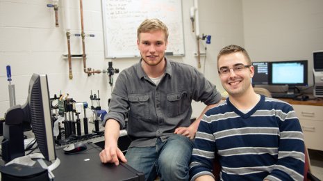 From left, Mitchell Kirby and Dillon Gronseth are shown in a biomedical engineering lab on the Michigan Technological University campus. Kirby is the recipient of a Goldwater Scholarship while Gronseth is a runner-up. Both are biomedical engineering majors.
