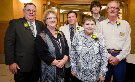 Winners of the Michigan Tech Alumni Association awards, from the left: Joseph Nowosad, Susan Korpela, John Fenn, Lynda Fenn, Justin Fitch, B. Patrick Joyce