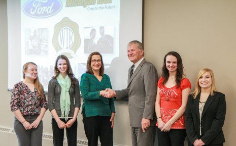 From the left, Women in Engineering alumnae Monica Lester and Rachel Kloc,, Tech alumna and Ford representative Cynthia Hodges, President Glenn Mroz, WIE alumnae  Kara Barakowski and Maggie Stangis. 