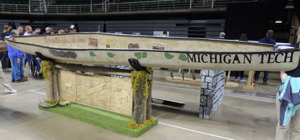Michigan Tech's first-place concrete canoe on display at regional competition at Michigan State University.