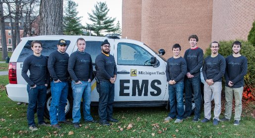 EMS team Student EMS volunteers who helped during Mark Calabria's heart attack. From the left: Theodore Kretzmann, Mike Sommers, Kyle Huyser, Ramandeep Rekhi, Ross Michaels,Jesse Olson, Mario Calabria, Jackson Burek.