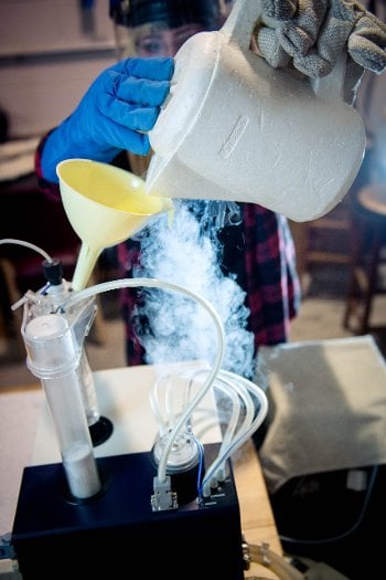 Paleo lab vert Michigan Tech undergraduate Katie Bristol preps a magnetized rock sample with liquid nitrogen.