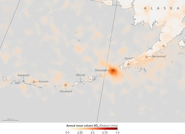 Updated volcano data viz 1 Volcanic sulfur dioxide emissions from the Aura satellite are shown in shades of orange in this zoom in of the Aleutian Archipelago in Alaska. Credit: Jesse Allen/NASA's Earth Observatory