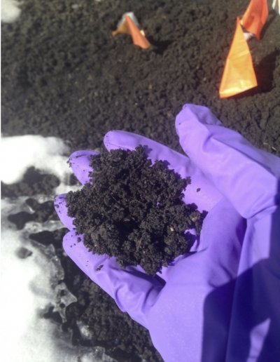 A person's gloved hand holds biosolids that have been in winter storage.