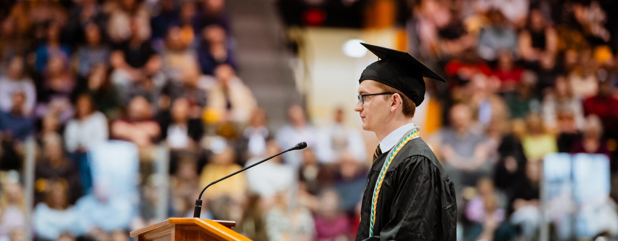 Caelan Mead-O’Brien delivering the 2026 Undergraduate Spring Commencement speech