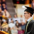 Sharing What He’s Learned - Caelan Mead-O&rsquo;Brien &rsquo;26 (B.S. Environmental Engineering), shared a heartfelt message highlighting discipline and service at Michigan Tech&rsquo;s 2026 Undergraduate Spring Commencement ceremony. 