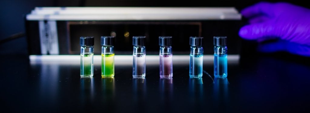 Colored vials in Yoke Khan Yap's Laboratory