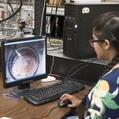 Student researcher at a computer analyzing results