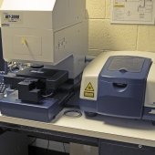 Lab table with infrared microscope and spectrometer