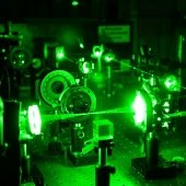 Green laser passing through two lenses.