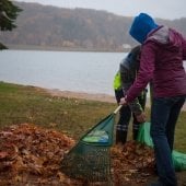 Students raking leaves