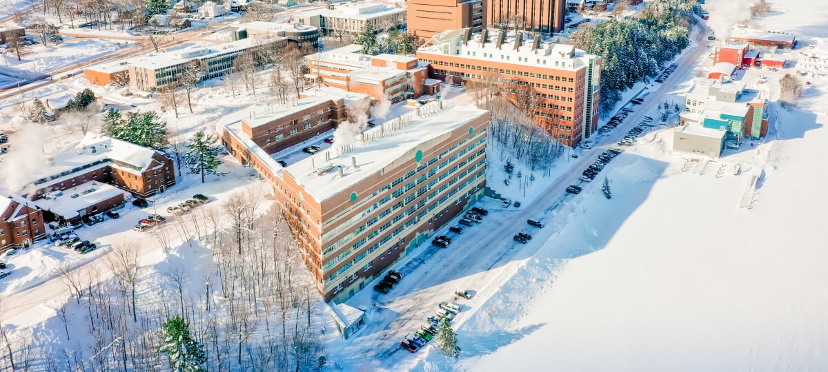 Aerial drone shot of the M&M in winter