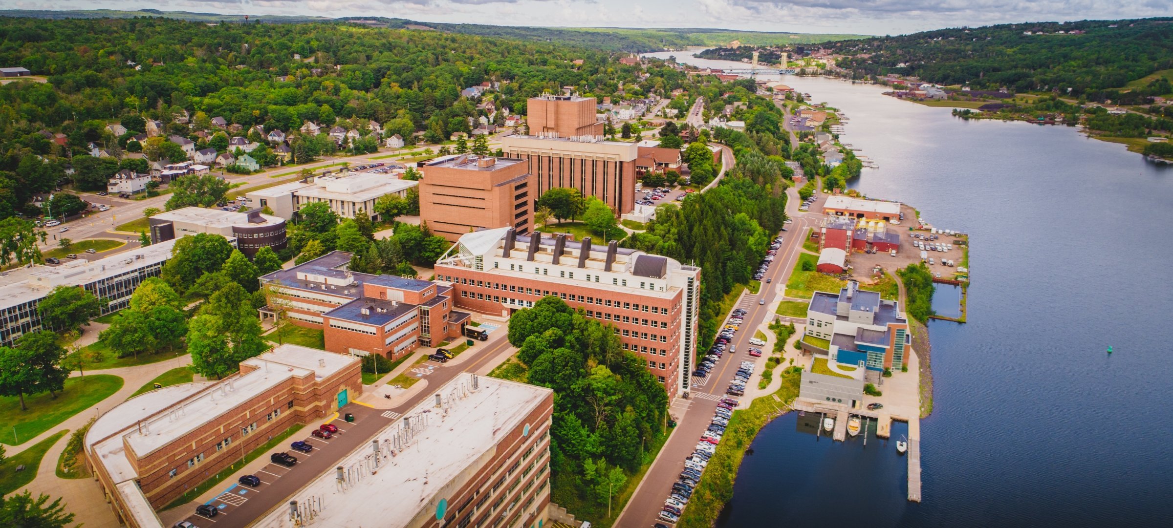 Aerial drone shot of campus in summer