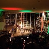 Overhead view of Trombone Choir performance in the Samuel and Grace Horner Lobby.