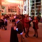 Party guests waiting in the Samuel and Grace Horner Lobby.