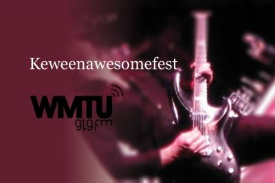 Keweenawesomefest and WMTU 91.9 FM logos over a blurred image of a guitarist playing