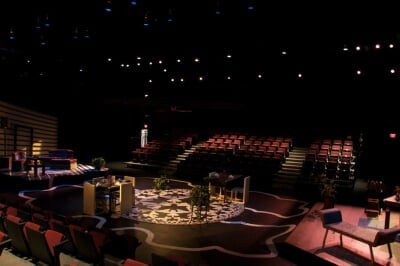 McArdle Theatre black box theatre set with dim lighting