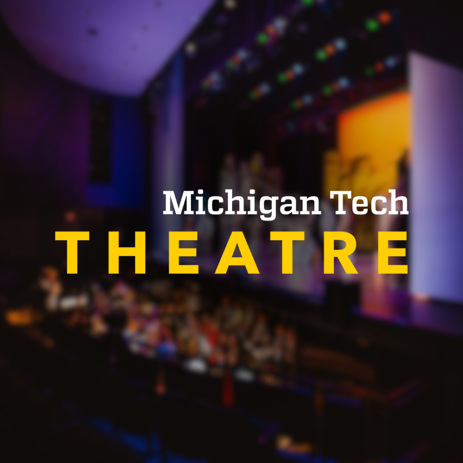 Michigan Tech Theatre Logo stacked on blurred image of Rozsa Stage