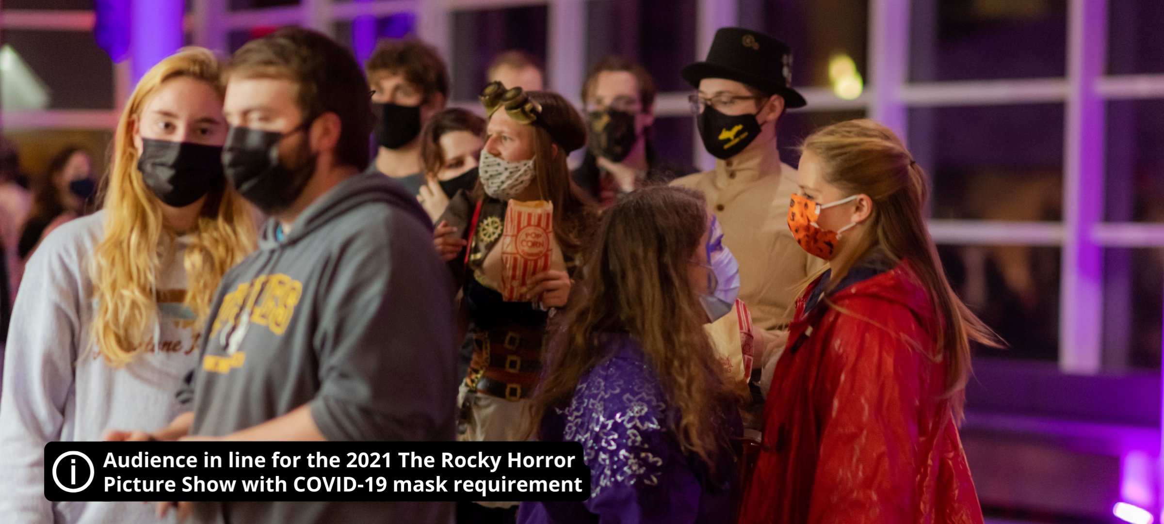 Audience in line for the 2021 The Rocky Horror Picture Show with COVID-19 mask requirement