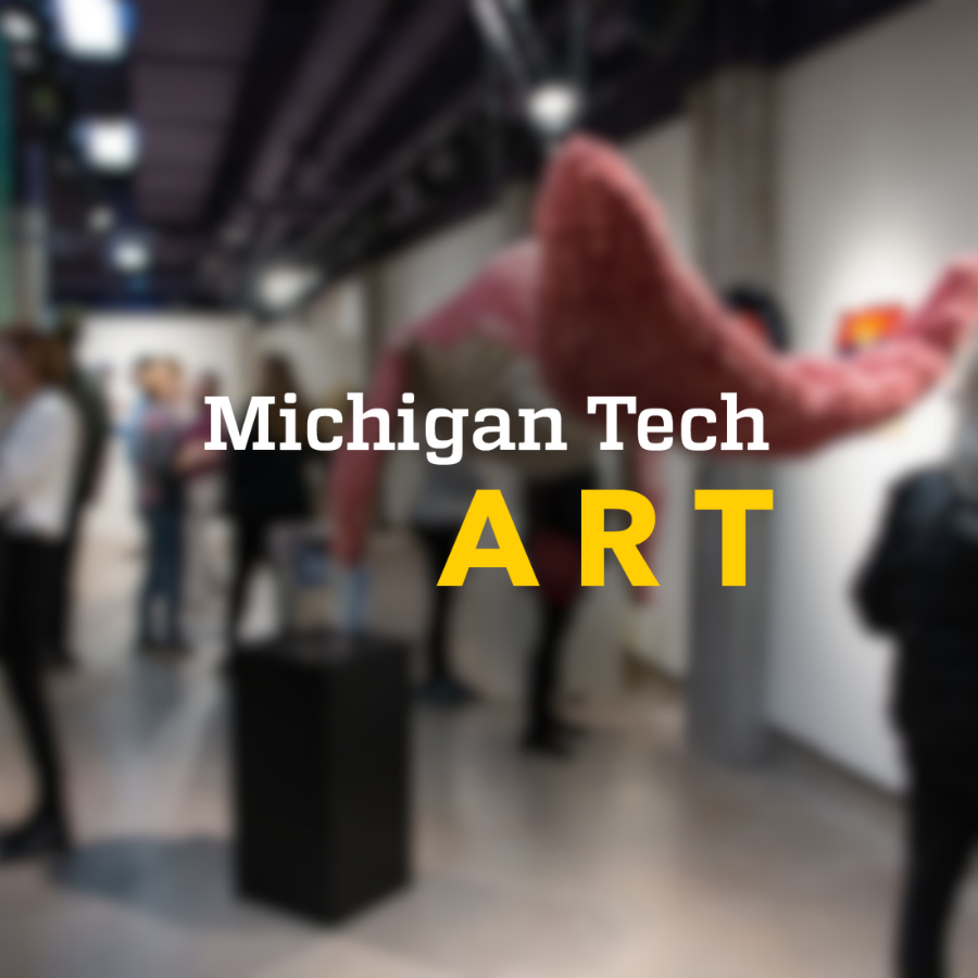 Michigan Tech Art Logo stacked on blurred image of Rozsa Art Galleries