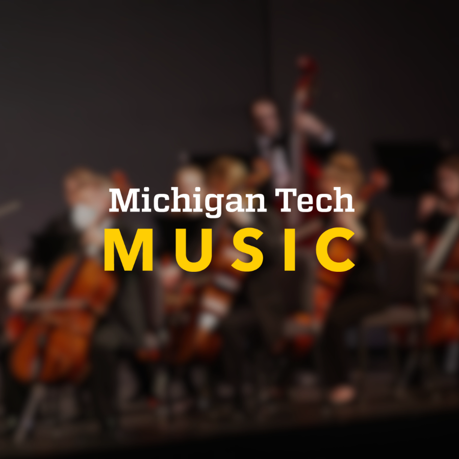 Michigan Tech Music Logo stacked on blurred image of Rozsa Stage