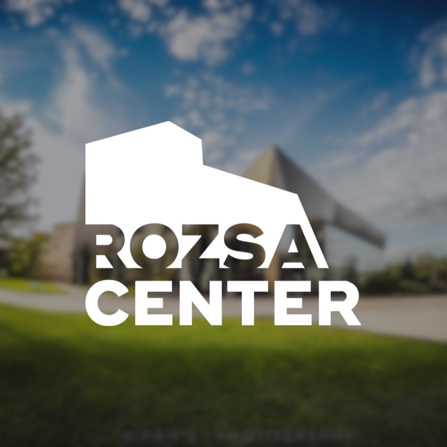 Rozsa Center Logo over blurred image of building