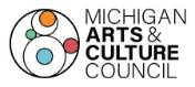 "Michigan Arts and Culture Council" written to the right of a circle containing six (6) circles: two(2) outlines, and one each of blue, pink, orange, and green