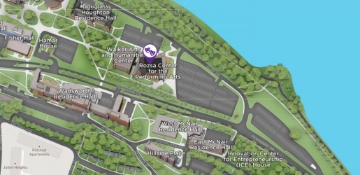 A map of Michigan Tech campus showing the Rozsa Center location