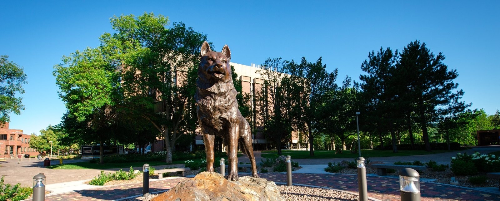 Husky statue in the middle of Michigan Tech's campus.