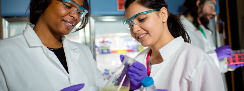 Two researchers observe an erlenmeyer flask, containing a yellow solution.