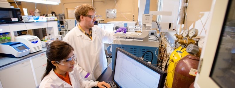 Two researchers working with lab equipment.