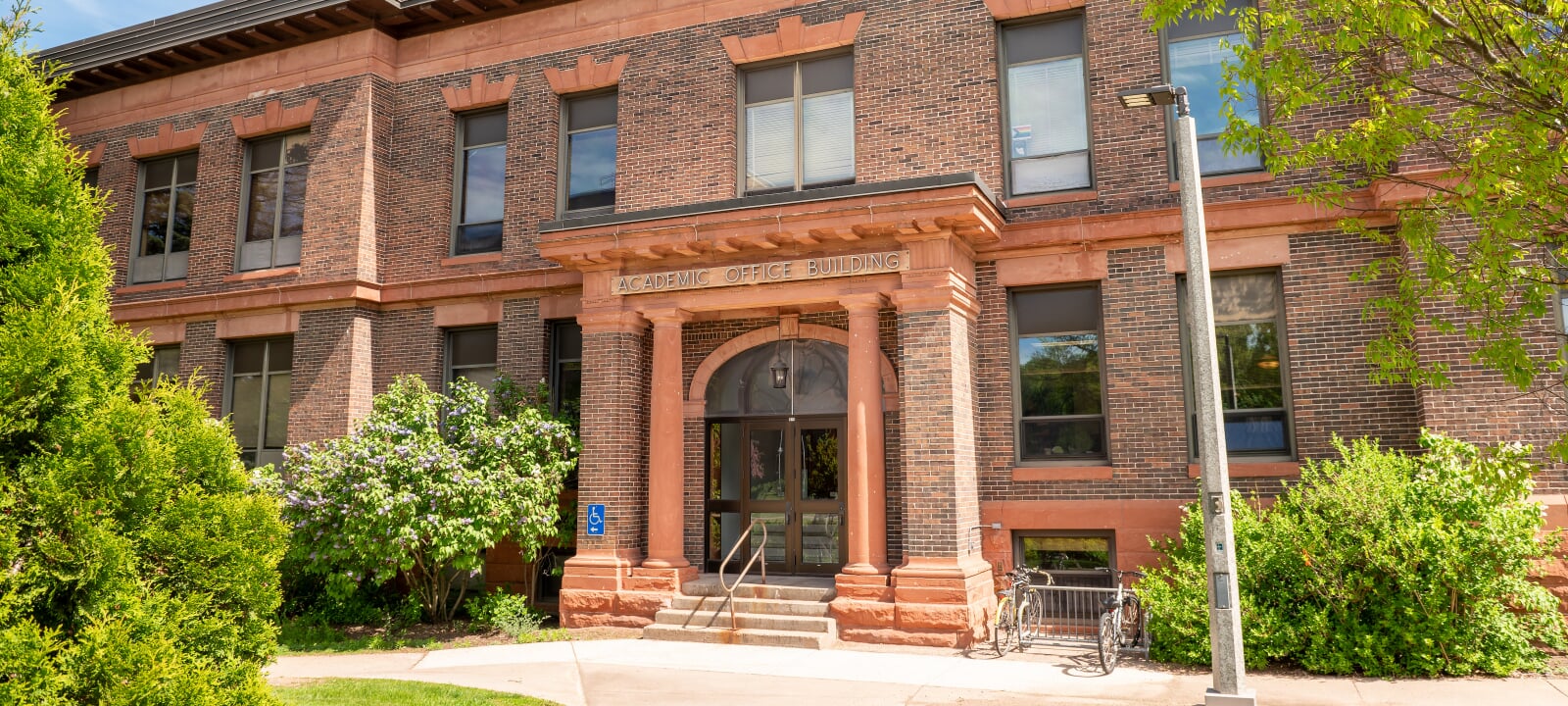 Wide view of the entrance to the Academic Office Building