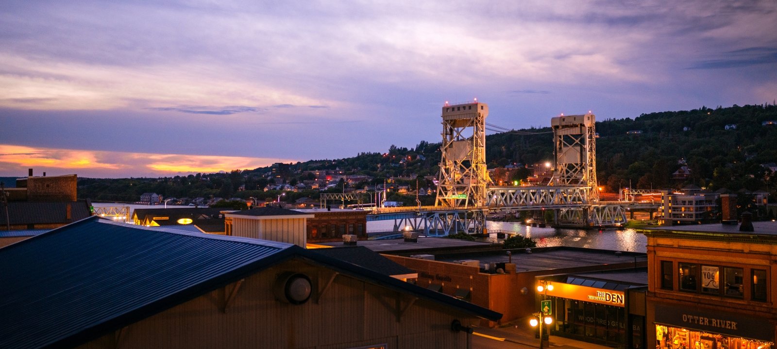 Image of downtown Houghton with the lift bridge in the background