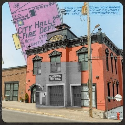 A photo of Houghton Fire Station overlaid with a historic street map.