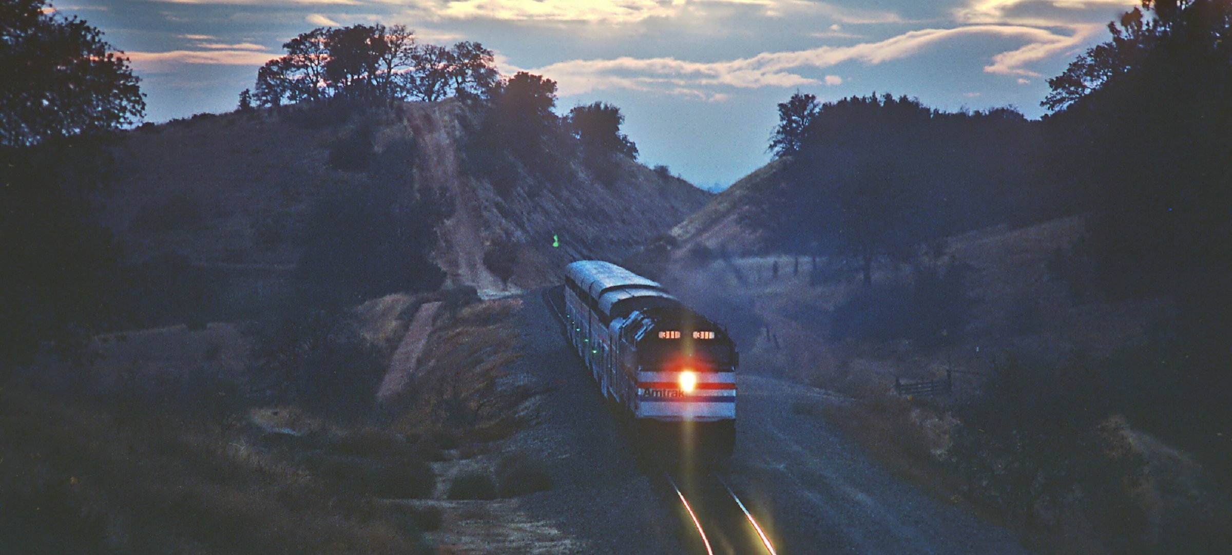 View of an Amtrak train in the mountains