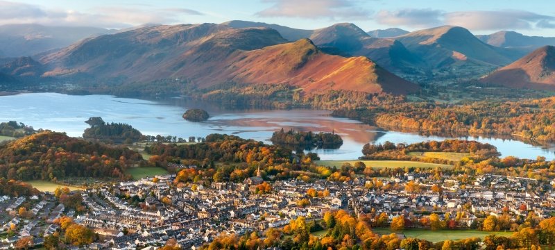    Aerial of Keswick and Derwent Water, Lake District Cumbria, UK