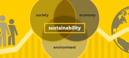Venn diagram with economy, environment, and society. People figures, a graph, and a globe to represent each area
