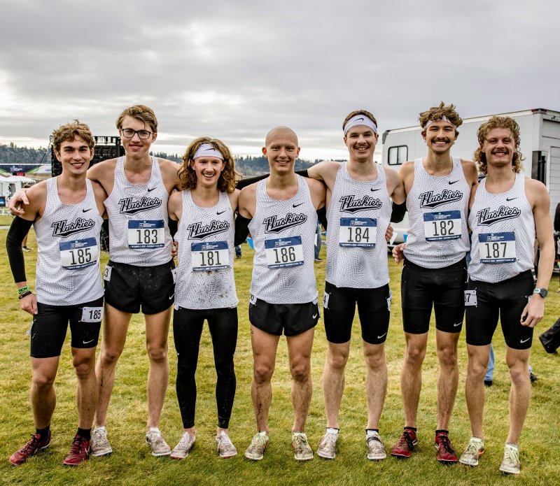 Michigan Tech's Top 10 finish at cross country nationals in 2023 was the best finish yet — and McKenzie, third from right, was there to enjoy it